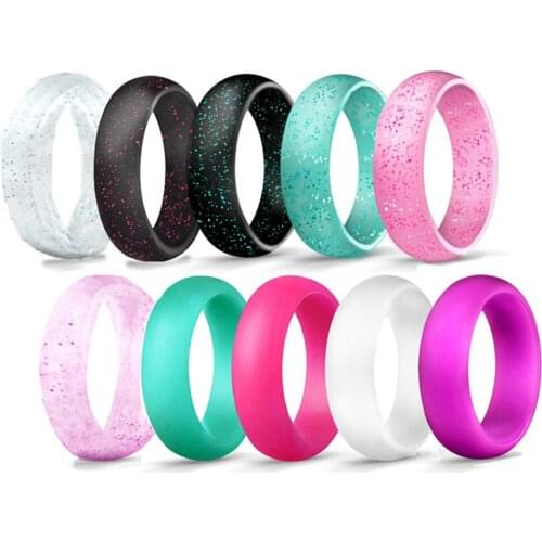 Boniskiss 10PCS/SET Silicone Glitter Wedding Bands Hypoallergenic Couple Rubber Flexible Silicone Finger Ring 5.7mm Width