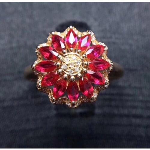 S925 silver Natural red ruby gem ring natural gemstone ring Luxurious big round Sun flower woman girl wedding gift jewelry