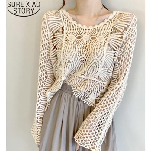 Korea Chic Elegant Lace Blouse Long Sleeve Sunscreen Shirt Women Hook Flower Hollow Out Design Sweet O-Neck Blouse Blusas 12693