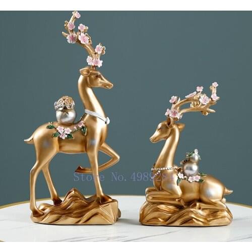 Chinese Style Creativity Resin Animal Sculpture Deer Lucky Golden Handicraft Furnishings Modern Home Decoration Accessories