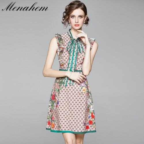 Menahem Summer Flower Letter Khaki Printed Mini Dress Womens Sleeveless Bow Tie Collar Ruffles Tank A Line Party Vestidos