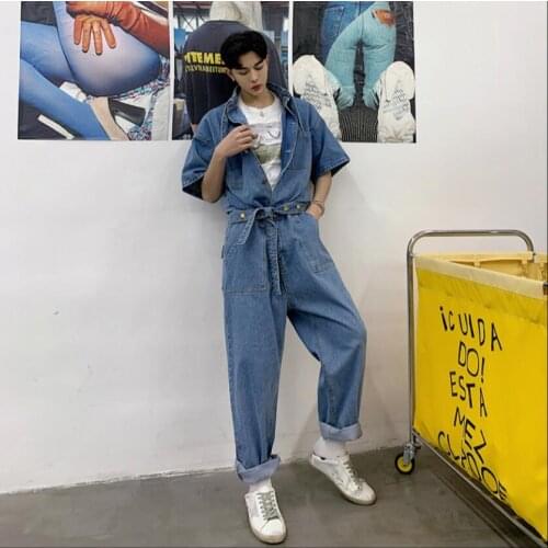 M-xxl Summer New Mens Loose Tooling Denim Jumpsuit Youth Short-sleeved Jumpsuit Tide Hairstylist Overalls Jeans Singer Costumes