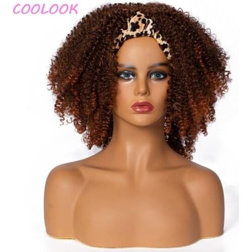 Puff Afro Kinky Curly Headband Wig Ombre Brown Kinky Curly Headwrap Wigs for Black Women Heat Resistant Afro Curls Cosplay Wigs