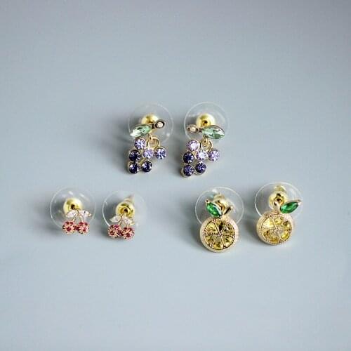 Simple Cute Mini Fruit Stud Ears Jewelry Accessoris S925 Needle Rhinestone Studded Copper Cherry Grapes Earrings Girl Gift