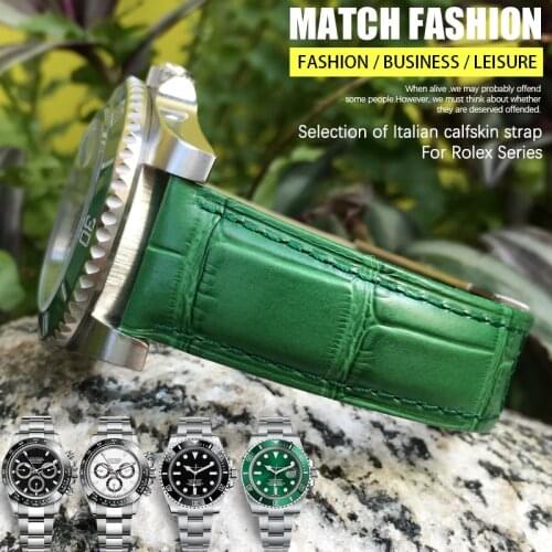 20mm Italian Cowhide Watch Strap Black Brown Combination Buckle Leather Watchband for Role Series Watch Accessories for Men