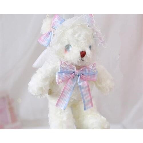 Handmade Plush Bear Handbag Cosplay Cute angle wing Lolita bear Furry Bags With Pearl Chain B1199