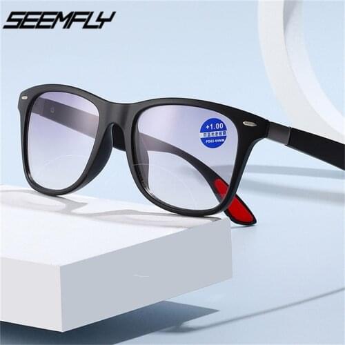 Seemfly Fashion Women Men Anti Blue Light Reading Glasses Square Frame Bifocal Progressive Presbyopic Eyeglasses +1.0 To +4.0