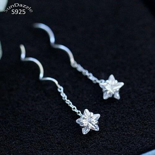 Genuine Real Pure Solid 925 Sterling Silver Dangle Earrings for Women Jewelry Star Cubic Zircon Female Thread Wire Earrings Gift