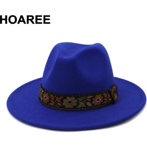 HOAREE Royal Blue Women Men Wool Fedora Hat Lady Winter Autumn Wide Brim Jazz Church Panama Sombrero Cap Vintage Trilby Hat