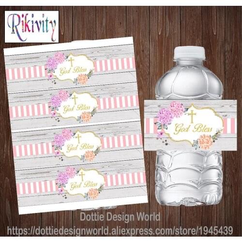 Custom Flower Wood God Bless Baptism First Holy Communion Water Bottle Wine Labels Candy Bar Wrapper Stickers Party Decoration