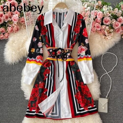 2021 New Summer Vintage turn-down collar long sleeve Dress high waist lace up waist single breasted print A-line Dress