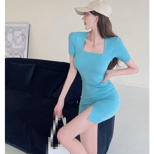 ZC3419 2021 summer new women fashion sexy temperament knitting show thin square collar wrap buttock dress female cheap wholesale