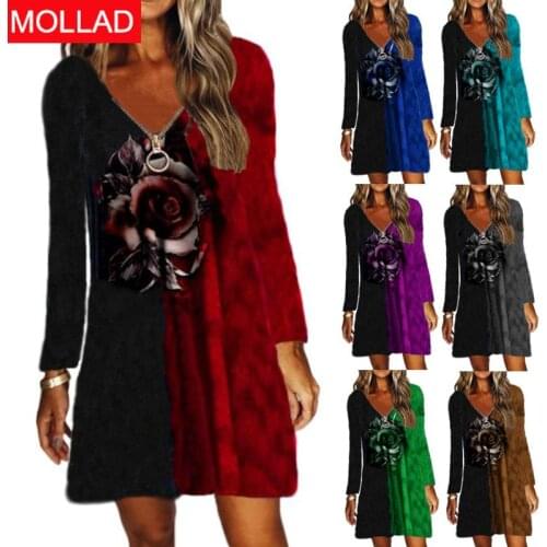 2021 Europe and America Autumn and Winter Womens V-neck Zipper Rose Print Long-Sleeved Dress