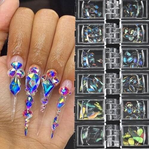 12 Grids/box 3D Crystals Nail Rhinestones Mixed Size AB Flatback Diamond Nail Art Decorations DIY Tips Shiny Manicure Glass Gems