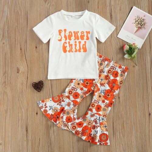 2 Pieces Kids Girls Clothes SetFloral Print Round Neck Short Sleeve T-Shirt+ Flared Trousers for Summer 2-7 Years