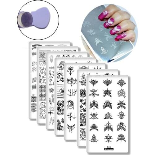 7pc Nail Stamping Plate Swirl Flowers Vine Pattern Nail Template +1Purple Jelly stamper Set French Style Nail Art Tools