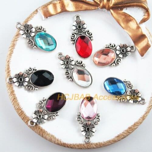 8Pcs Tibetan Silver Tone Retro Rose Oval Mixed Crystal Charms Pendants 15x28.5mm