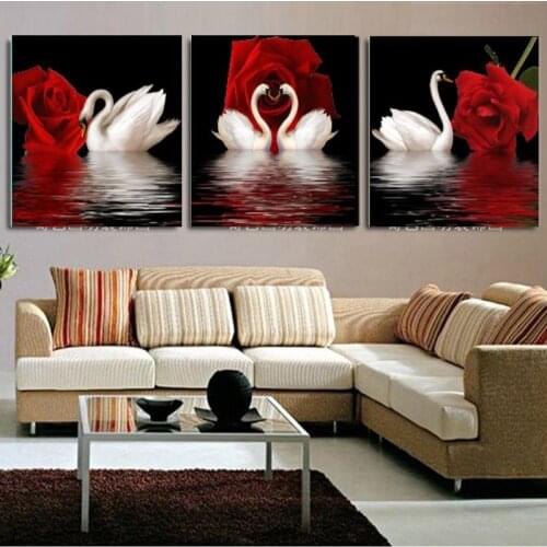 No Frame 3 Panels Modern Abstract Oil Canvas Printings Wall Art Picture Print The Swan Lake And Rose Landscape On For Home Decor