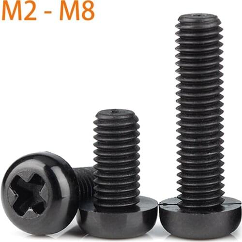 10/50PCS M2 M2.5 M3 M4 M5 M6 M8 Metric Threaded Black Nylon Plastic Phillips Pan Head Cross Round Screw Bolt Length 4mm-60mm