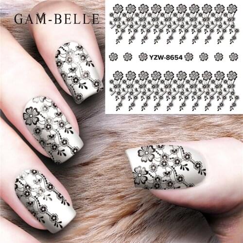 GAM-BELLE 1 Sheet Gothic Black Nail Sticker Water Transfer Lace Rose Nail Wraps Decals Decoration Tattoo Manicure Accessories