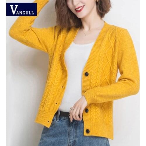 Vangull Women Solid Twist Sweater Cardigans Casual Chic Basic Thread Sweater Autumn New Plus size Loose V-neck Sweater Coat