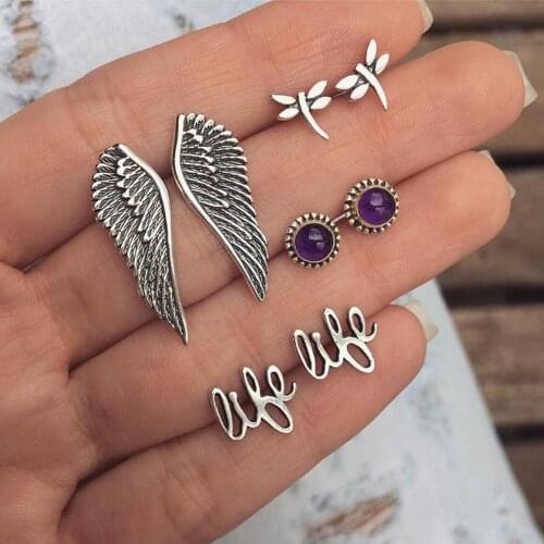 KISSWIFE 4 Pairs Set Bohemian Wings Purple Crystal Stud Earrings Set Silver Color Metal Vintage Owl Earrings for Women Jewelry