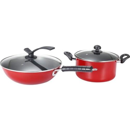 China Red Three-piece Cookware Set Wok Pan Soup Frying Pan High With Induction Cooker Gas Stove Universal