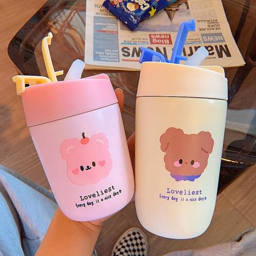 Cartoon Double-drink Thermos Mug Ladies Office Coffee Cup with Straws Cute High-value Childrens Water Cups Portable