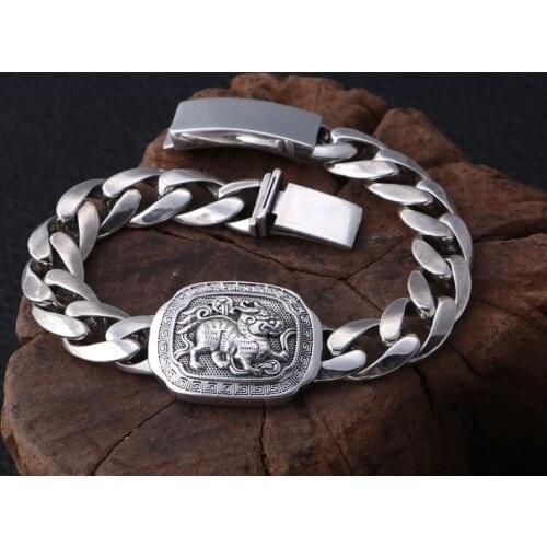 Mens Solid 925 Sterling Silver Pi Xiu beast lucky biker rock punk Link Bracelet bangle Chain Jewelry A4609