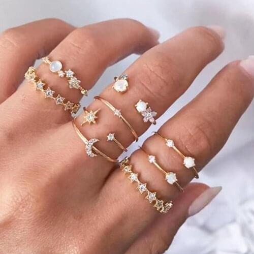 Vintage Gold Color Crystal Star Moon Rings Set For Women Boho Knuckle Finger Ring Female Fashion Jewelry Accessories