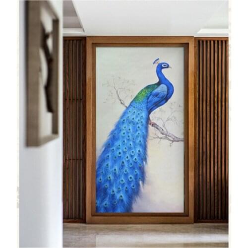 Blue peacock whole wall wallpaper European oil painting entrance corridor background wallpaper large fresco green wall cloth