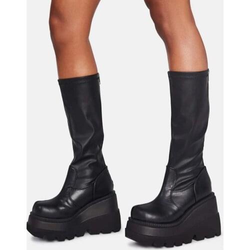 Okkdey 2020 ladies fashion platform boots chunky heel wedges mid calf women boots casual brand thick bottom winter shoes woman