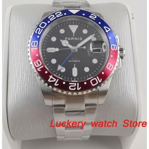 Parnis 40mm black dial blue GMT luminous marks Blue and red Bezel sapphire glass automatic Mens Watch-PA92