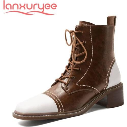 Lanxuryee large size work boots natural leather sewing mixed colors square toe thick med heel zipper office lady ankle boots L11