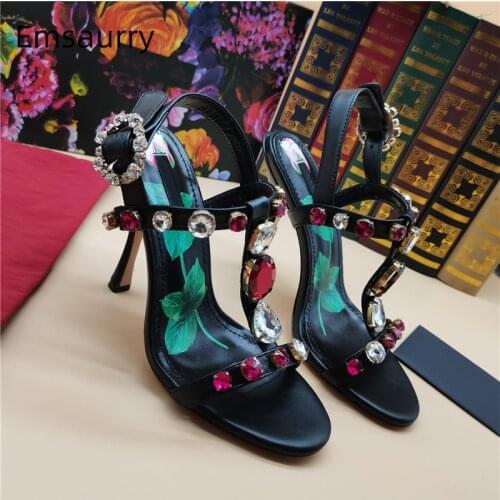 Printed Flower Thin High Heel Sandals Woman Jeweled Crystal T-strap Open Toe Real Leather Rhinestone Summer Sandals Women