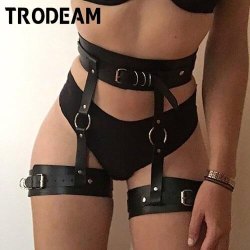 TRODEAM Leather Garter Belt Sexy Stockings Erotic Underwear Costumes Punk Harness Suspenders Gothic Lingerie Leg Straps Cage Sex