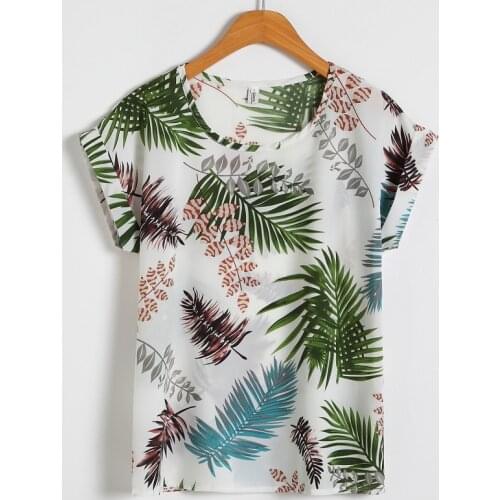 Softu Hot Summer Womens Casual Blouse Shirt Floral Chiffon Print O Neck Short Sleeve Ladys Top Loose Blusas