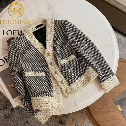 New 2021 Women Fashion V-neck Long Sleeve Patchwork Contrast Plaid Single Breasted Tweed Short Jacket Coat Autumn Winter