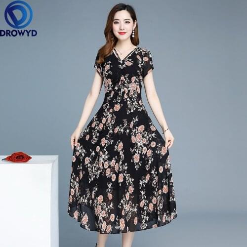 2021 Beach Print Midi Dress for Women Summer Fashion Short Sleeve V-neck Black Floral Dress Elegant Boho Party Dresses Vestidos