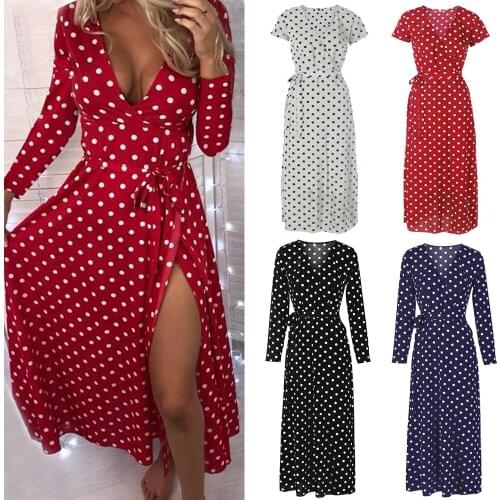 2020 Sexy Short/Long Sleeve Ladies Dress Spring New Deep V-neck Dot-Printed Beach Womens Dress