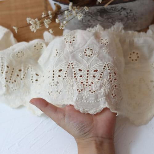 1Meter/lot 15cm wide cotton embroidery butterfly lace vintage neckline baby dress skirt hem cotton pleated fabric X450