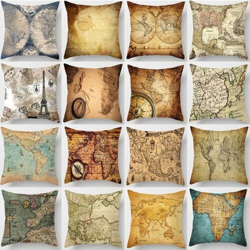 18 inches Watercolor Vintage Style Cushion Cover world map Pattern 45*45cm Square Throw Pillows Covers Car Sofa Home Pillow Case
