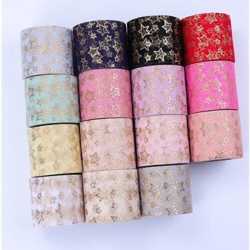 5yards/lot Bronzing Glitter Powder Stars Printed Organza Stain Ribbon for DIY Craft Gift Bouquet Packaging Sewing Material