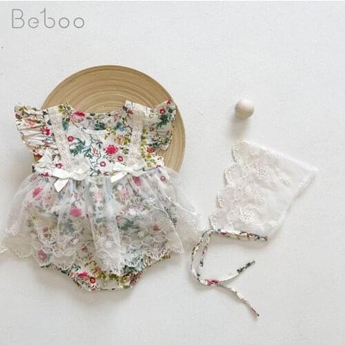 Baby Bodysuit 2021 Summer New Korean Newborn Girls Flying Sleeve Creeping Suit Fashion Floral Cotton Princess Style Jumpsuit