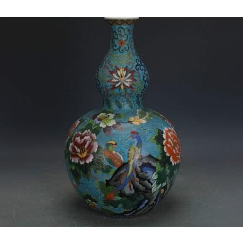 Qing Dynasty Qian Long Enamel Pure Handmade Filigree flowers and birds Antique Chinese Ceramic Gourd Vase