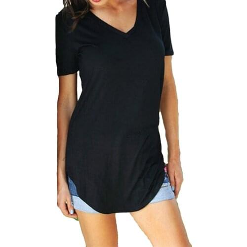 Summer winter T Shirt Large Sizes Women T-shirt Solid V Neck short long Sleeve Rounded Hem Long tshirt Casual Top female Tunic