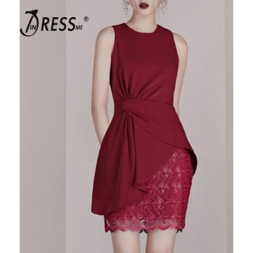 INDRESSME 2019 Summer New Fashion Round Neck Sleeveless Ruched Asymmetrical Hem Top and Lace Skirt Two-piece Set Slim Party Red
