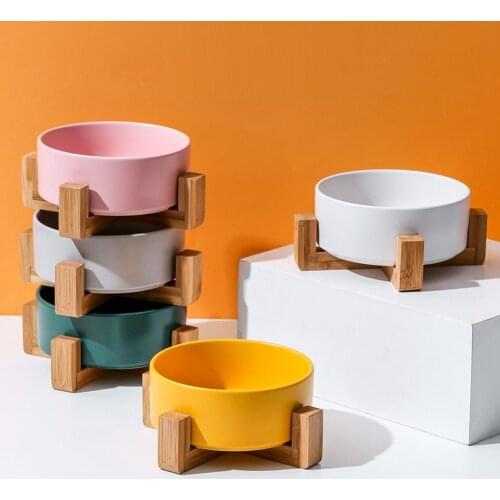 Ceramic Cat Dog Bowl Dish With Wood Stand No Spill Pet Food Water Feeder Cats Small Dogs Cat Bowls Creative Home S-L