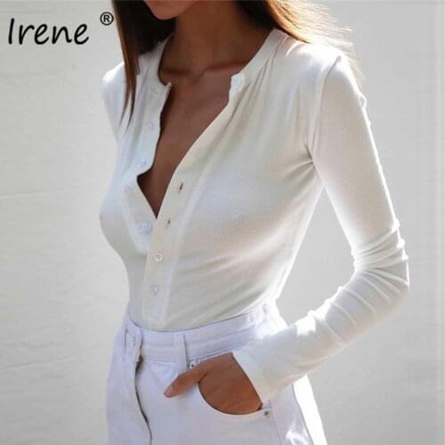 Irene V Neck Long Sleeve Bodysuits Women Rompers Button Up Sexy Skinny Ribber White Jumpsuits Ladies Basic Tshirts Body Tops