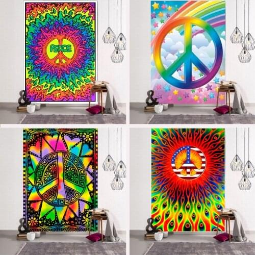 Peace Sign Tapestry Hippie Art Painting Cloth Tarot Wall Hanging Living Room Bedroom Dorm Home Landscape Sofa Decor Custom